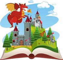 Knights fight with dragon at the castle on open book vector