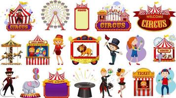 conjunto de personajes de circo y elementos del parque de atracciones. vector