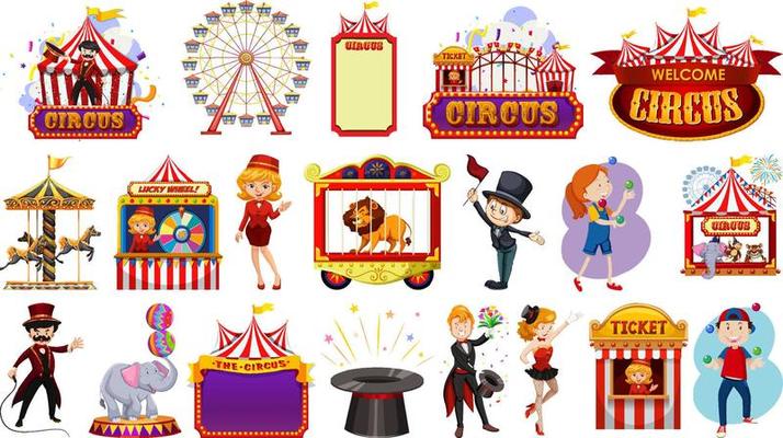 Set of circus characters and amusement park elements