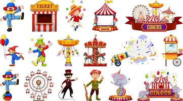Set of circus characters and amusement park elements vector