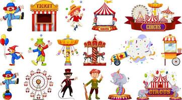 conjunto de personajes de circo y elementos del parque de atracciones. vector