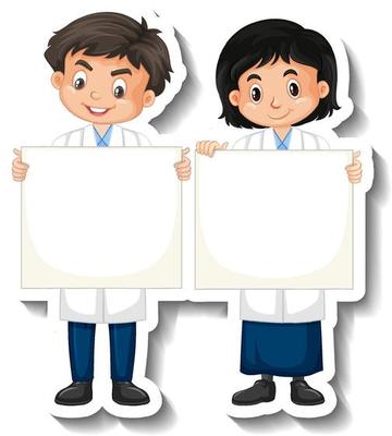 Scientist couple kids holding board empty cartoon character sticker