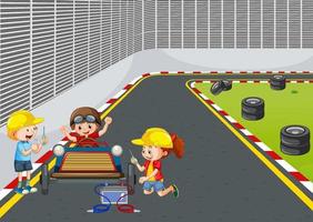 Soapbox derby scene with children fixing a race car vector