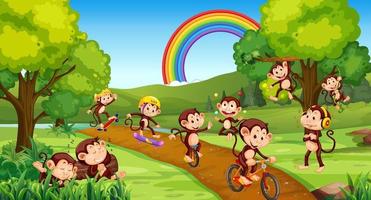 Park scene with little monkeys doing different activities vector