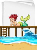 Mermaid sitting on wooden pier with an empty paper vector
