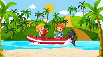 paisaje oceánico con niños leyendo un libro en bote inflable vector