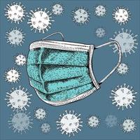 Surgical mask illustration with virus handrawn engraving style vector