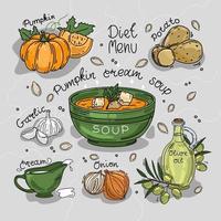 Vector illustration of pumpkin cream soup. Ingredients. Recipe. Isolated background.