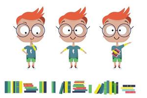geek boy with glasses and books. Vector illustration