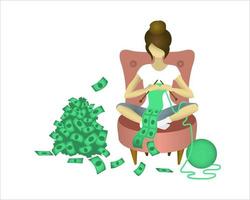 Girl on the chair is knitting a scarf. Monetization of hobbies. Vector illustration