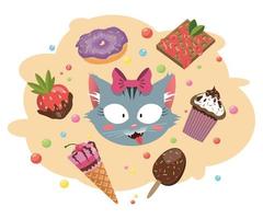 lindo gato sonriente y un conjunto de dulces. ilustración de dibujos animados de vector