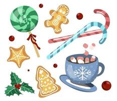 dulces navideños. galletas heladas, piruleta, cacao, malvavisco. un conjunto de ilustraciones vectoriales vector