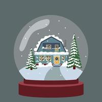 Magical Christmas ball with snow. Snow globe with a house. Vector illustration.