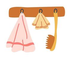 Hanger with bath accessories. Towels, massage brush. Clean home hygiene accessories. Set of towels hanging on hooks or holders. Textile for wiping. Hand draw vector illustration.