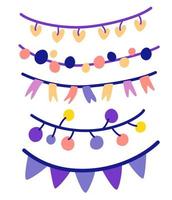 Garlands set. Hanging festive decorations isolated. Light bulbs, flags and flashlights. Birthday party decorations. Cartoon holiday elements. Hand draw vector illustration.