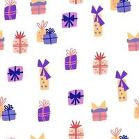 Gift box seamless pattern. Gift boxes with bows. Modern background for fabric, wrapping paper, textile, wallpaper and apparel. Hand draw vector illustration for greeting cards, invitations, posters.