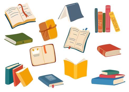 Stacks of books for reading. Different books collection. Set of literature, dictionaries, encyclopedias, planners with bookmarks. pile of textbooks for education. Open and closed books. Vector