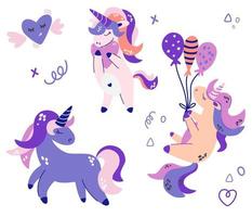 Cute Unicorns. Birthday party decorations. Festive Happy Unicorns with balloons. For Birthday, Greeting cards, invitations and posters. Cartoon Hand draw modern vector illustration.