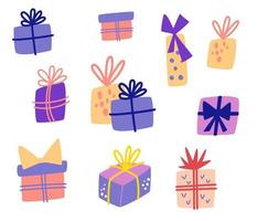 Gift boxes set. Different boxes with ribbons. Sale shopping concept. Perfect for Birthday, Christmas, Valentine s Day. Holiday items. Hand draw vector illustration.