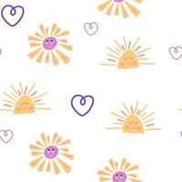 Cute sun seamless pattern. Cartoon sun character. Summer creative. Beautiful design for cards, kids print, poster, nursery decoration, textile and wrapping paper. Hand drawn illustration vector