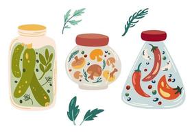 Homemade jars of preserving vegetables. Set of glass jars with preserved vegetables, Pickles, cucumbers, mushrooms and peppers. Fermented veggies. Organic product. Vector illustration