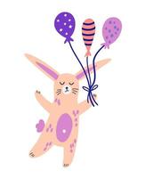 Bunny with balloons. Cute Little hares holds a bunch of balloons. Nursery wall art, kids party invitation, birthday greeting card, baby shower, poster. Childish Vector illustration.