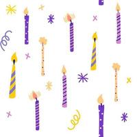 Birthday candles seamless pattern. Presents and gifts festive wrapping paper. Celebration, greeting postcard backdrop. Colorful candles. Vector cartoon illustration