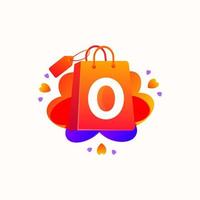 Zero Number with love shopping bag icon and Sale tag vector element design. Zero numerical illustration template for corporate identity, Special offer tag, Super Sale label, sticker, poster etc.