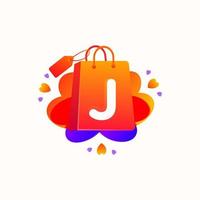 J letter with love shopping bag icon and Sale tag vector element design. J alphabet illustration template for corporate identity, Special offer tag, Super Sale label, sticker, poster etc.