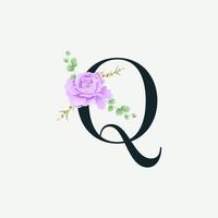 Beautiful Q alphabet with Floral logo decoration template. Luxury font with green leaves emblem botanical vector illustration.