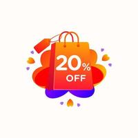 Twenty Percent off with love shopping bag icon and Sale tag discount offer price label element design. Vector special sale offer illustration template for corporate identity, Special offer tag