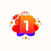 One Number with love shopping bag icon and Sale tag vector element design. One numerical illustration template for corporate identity, Special offer tag, Super Sale label, sticker, poster etc.