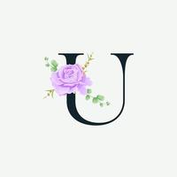 Beautiful U alphabet with Floral logo decoration template. Luxury font with green leaves emblem botanical vector illustration.