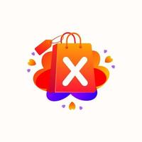 X letter with love shopping bag icon and Sale tag vector element design. X alphabet illustration template for corporate identity, Special offer tag, Super Sale label, sticker, poster etc.