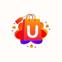 U letter with love shopping bag icon and Sale tag vector element design. U alphabet illustration template for corporate identity, Special offer tag, Super Sale label, sticker, poster etc.