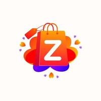 Z letter with love shopping bag icon and Sale tag vector element design. Y alphabet illustration template for corporate identity, Special offer tag, Super Sale label, sticker, poster etc.