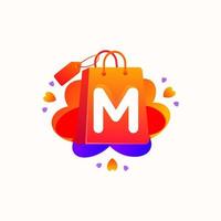 M letter with love shopping bag icon and Sale tag vector element design. M alphabet illustration template for corporate identity, Special offer tag, Super Sale label, sticker, poster etc.