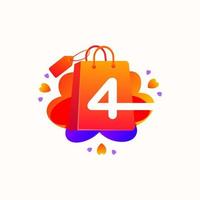 Four Number with love shopping bag icon and Sale tag vector element design. Four numerical illustration template for corporate identity, Special offer tag, Super Sale label, sticker, poster etc.