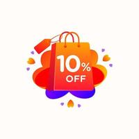 Ten  Percent off with love shopping bag icon and Sale tag discount offer price label element design. Vector special sale offer illustration template for corporate identity, Special offer tag