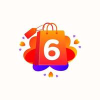 Six Number with love shopping bag icon and Sale tag vector element design. Six numerical illustration template for corporate identity, Special offer tag, Super Sale label, sticker, poster etc.