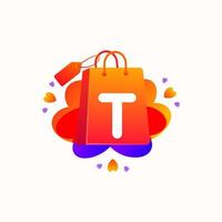 T letter with love shopping bag icon and Sale tag vector element design. T alphabet illustration template for corporate identity, Special offer tag, Super Sale label, sticker, poster etc.