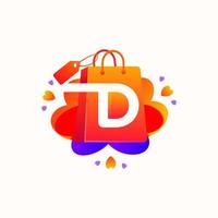 D letter with love shopping bag icon and Sale tag vector element design. D alphabet illustration template for corporate identity, Special offer tag, Super Sale label, sticker, poster etc.