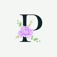 Beautiful P alphabet with Floral logo decoration template. Luxury font with green leaves emblem botanical vector illustration.