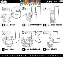 Letras del alfabeto de dibujos animados educativos establecidos de la g a la l página del libro de color vector