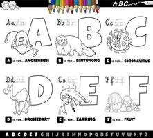 Conjunto de letras del alfabeto de dibujos animados educativos de la a a la f página del libro de color vector