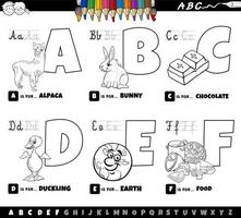 Conjunto de letras del alfabeto de dibujos animados educativos de la a a la f página del libro de color vector