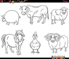 Personajes de animales de granja de dibujos animados para colorear vector