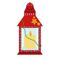 Red festive lantern with a candle inside and beads isolated on white background. vector