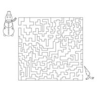 Snowman game. Vector linear illustration of maze game with cute Snowman for children