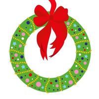 Green christmas wreath with red ribbon, golden garland, balls isolated on white background. vector